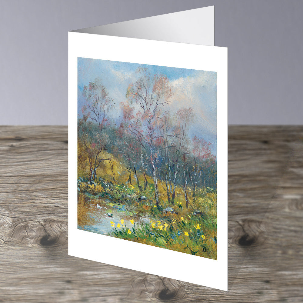 Birches and Daffodils in the artists garden in Glenmuick, Ballater Royal Deeside. This image is a greeting card by Howard Butterworth Available to purchase from The Scottish Fine Art Gallery in Aberdeenshire 