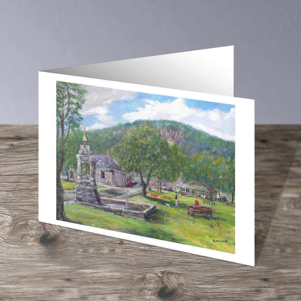 Ballater in Royal Deeside in summer looking from the village green towards Craigendarroch in the Cairngorms National Park, painted by artist Howard Butterworth. This image is a greeting card left blank inside and is suitable for all occassions. Available to purchase from The Scottish Fine Art Gallery in Aberdeenshire