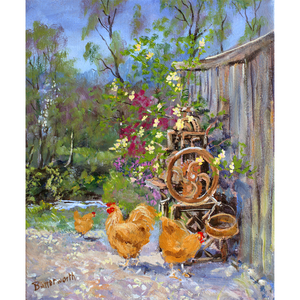 Rose flowers and Buff Orpington chickens next to an old mangle in Howard Butterworth's garden in Glen muick, Royal Deeside.
