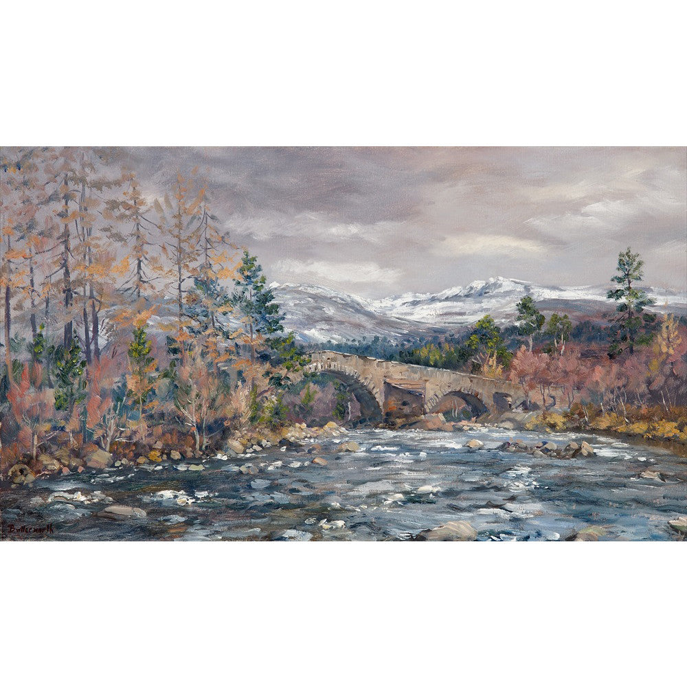 The Auld Brig O Dee at Invercauld near Braemar in the Cairngorm National Park. Lochnagar in the background is covered in late snows. Painted by Howard Butterworth an artist living on Royal Deeside. 