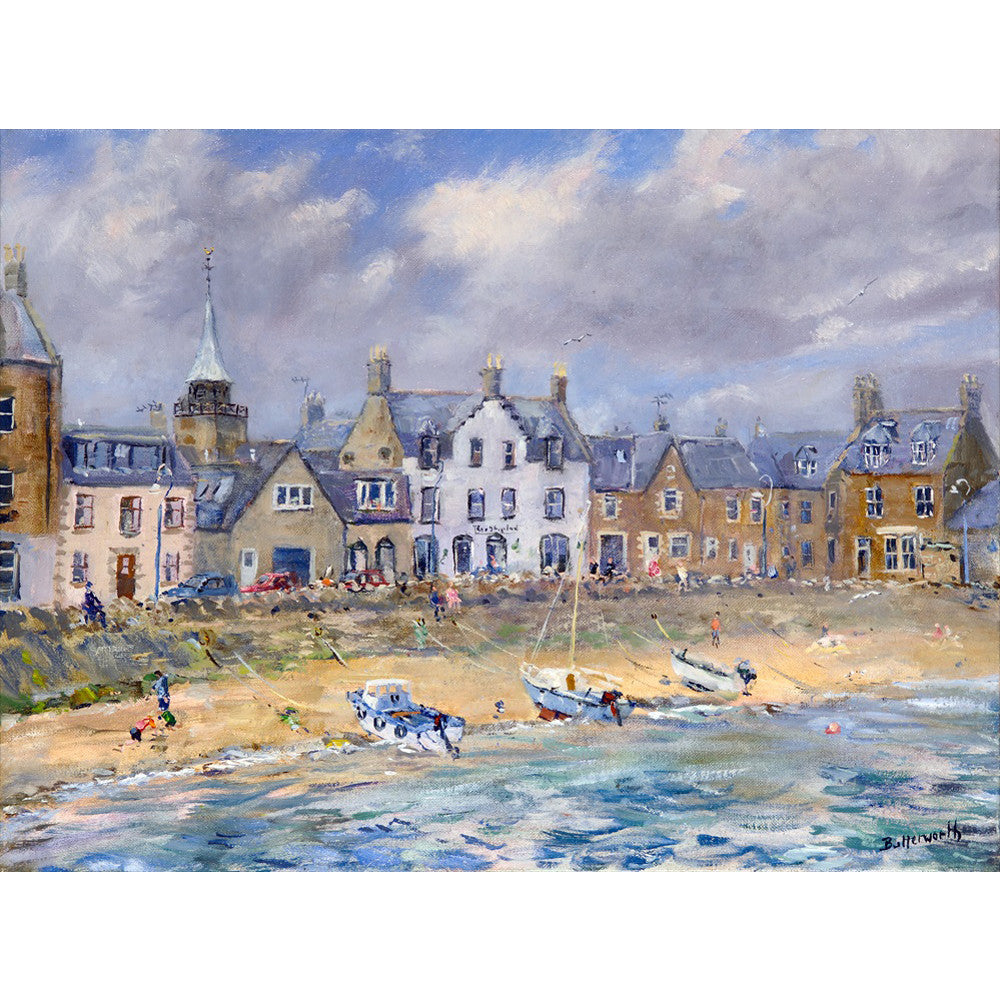 The popular North East harbour at Stonehaven on a fine summers day. A fine art giclee print by Aberdeenshire artist Howard Butterworth