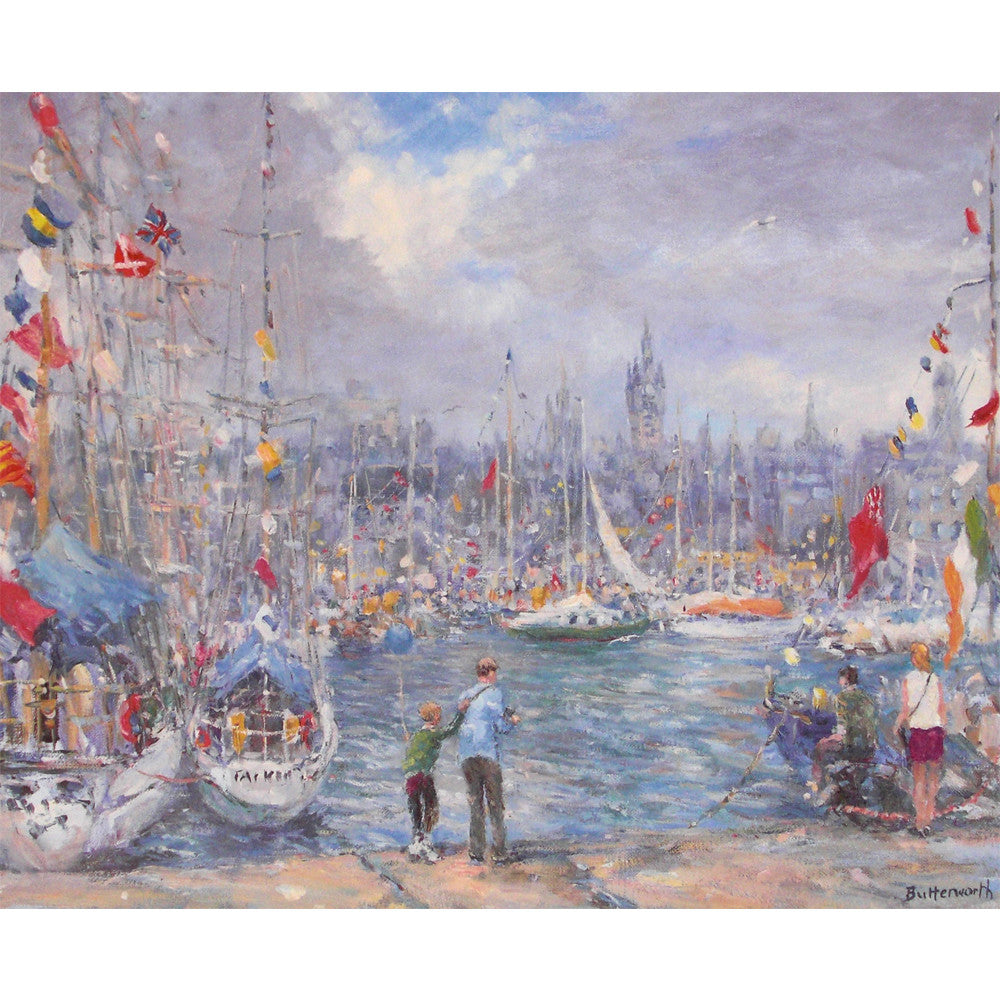 The Cutty Sark and other Tall Ships visiting Aberdeen Harbour in 1991 painted and reproduced by Aberdeenshire artist Howard Butterworth. 