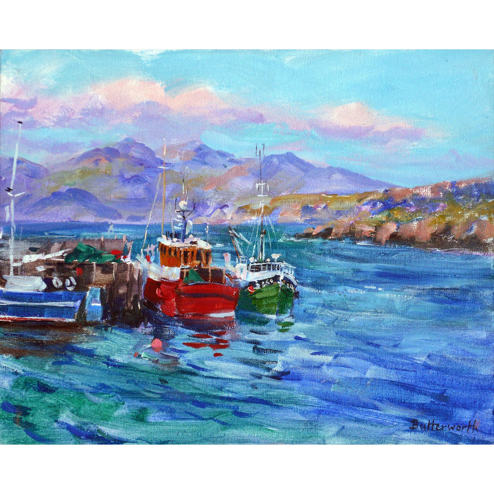Azure is a fine art print of Mallaig Harbour looking across to Skye on the West Coast of Scotland painted by Howard Butterworth.