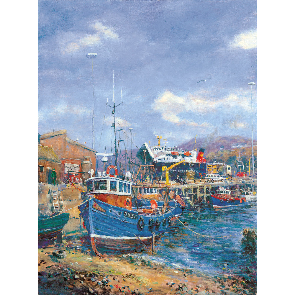 Boats in the harbour at Mallaig, with the CalMac ferry in the background loading passengers to Armadale, painted by Howard Butterworth.