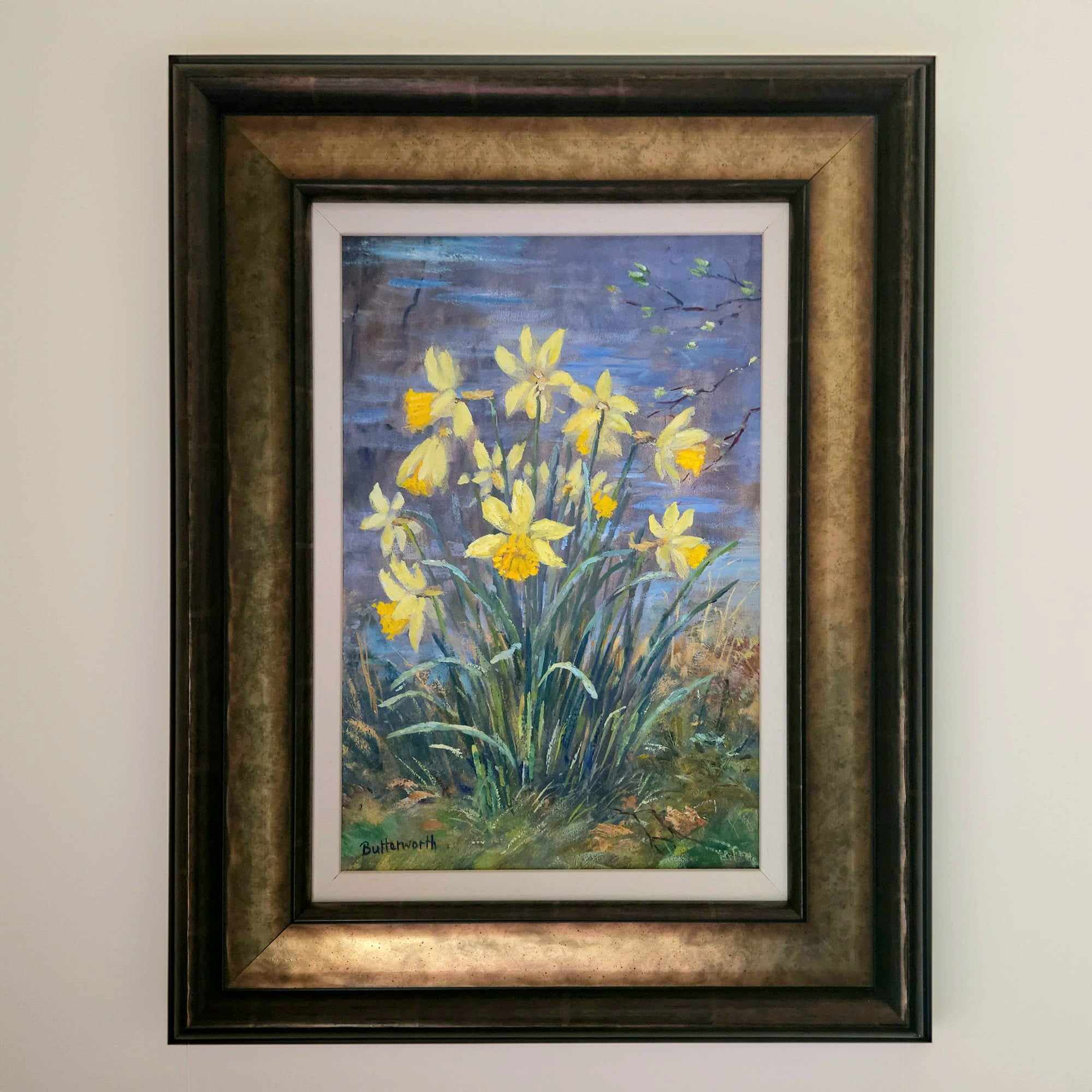 Framed oil painting of Scottish Daffodils by the pond by aberdeenshire artist Howard Butterworth