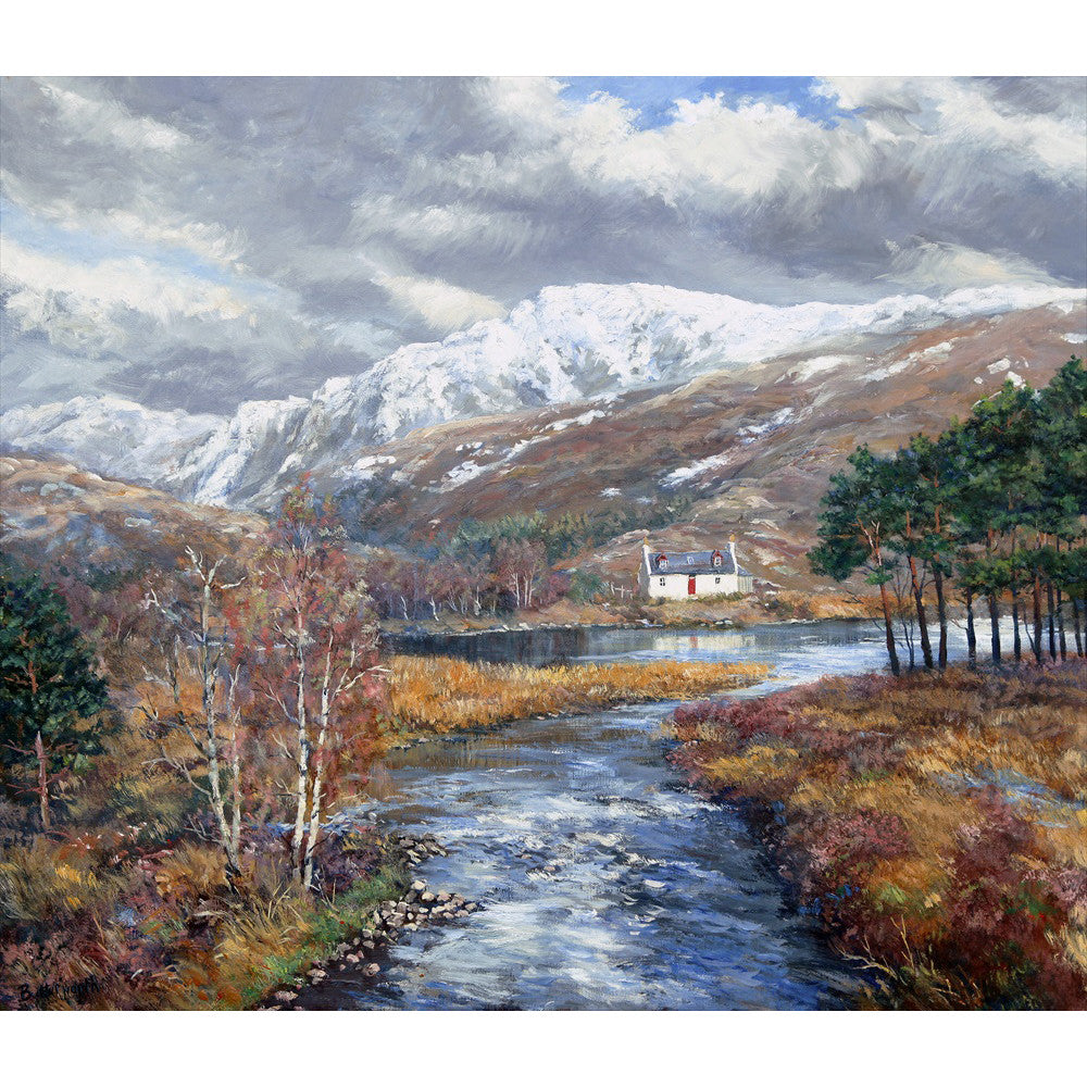 An picturesque cottage in an idyllic setting with snow covered mountains on the West Coast of Scotland near Arisaig painted by Howard Butterworth.