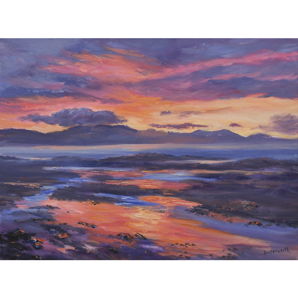 A dramatic sunset at Broadford on the West Coast of Scotland with the Isle of Skye in the distance painted by Howard Butterworth.