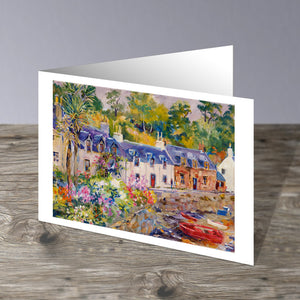 Plockton, a famous colourful, harbour village on the West Coast of Scotland. This greetings card is reproduced from an original artwork by Howard Butterworth.