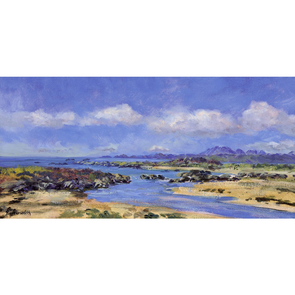 Azure blue skies over Skye from an idyllic beach on the West Coast of Scotland, painted by Howard Butterworth