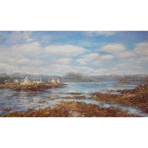 Plockton, a West Coast village in early Spring at very low tide. A lithographic print of an original piece of artwork y Howard Butterworth.