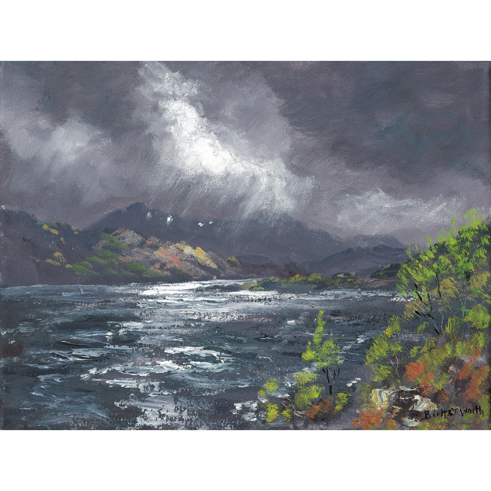 A summer storm with dramatic light effect over Loch Cluanie on the North West coast of the Highlands in Scotland painted by Howard Butterworth