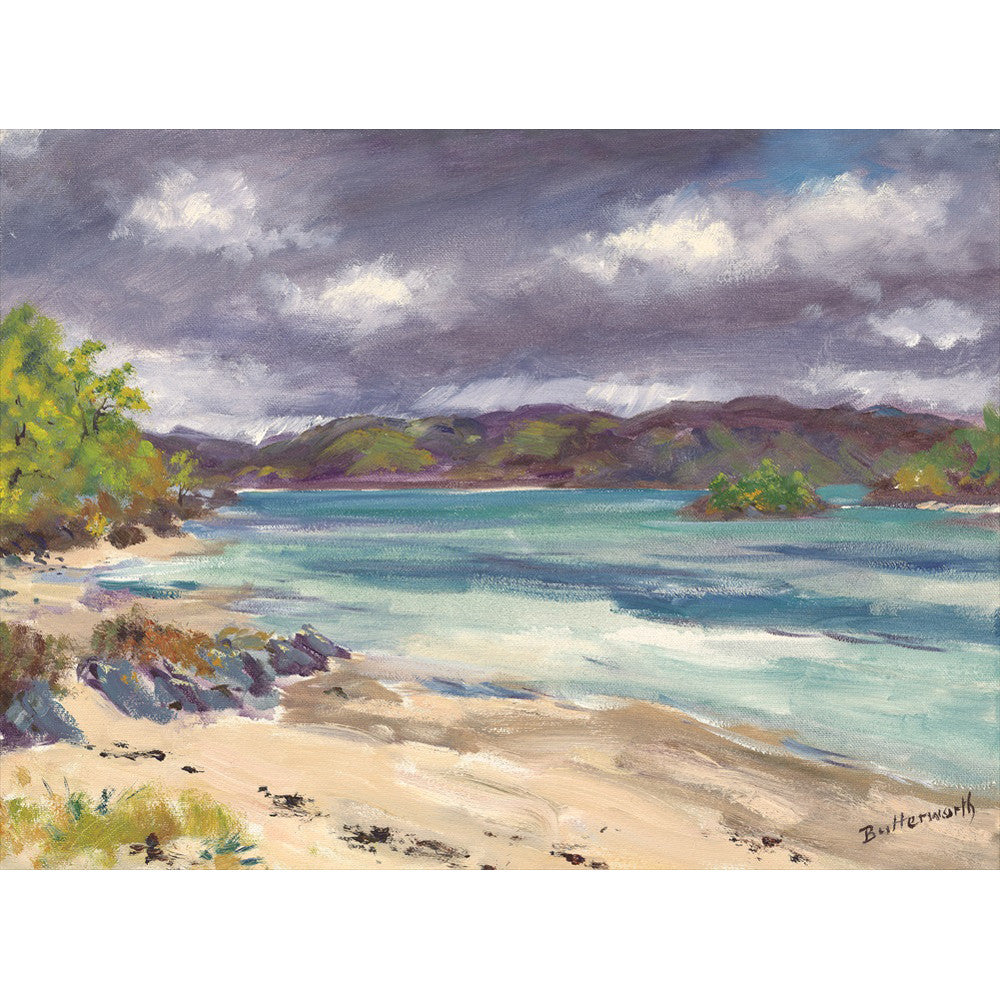Summer sunshine highlights the vibrant colours of a secluded beach on the West Coast near Morar painted by Howard Butterworth.