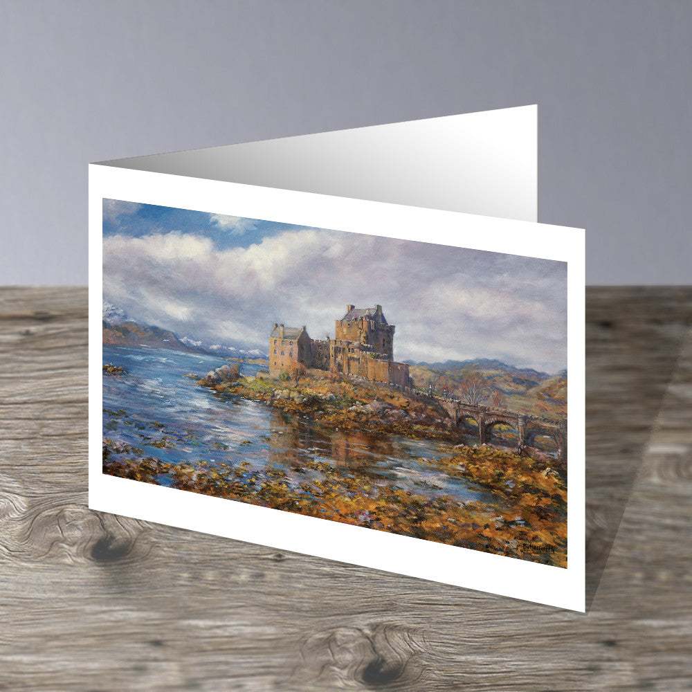 The world famous Eilean Donan Castle on the West Coast of Scotland in winter. A greetings card of an image by Howard Butterworth
