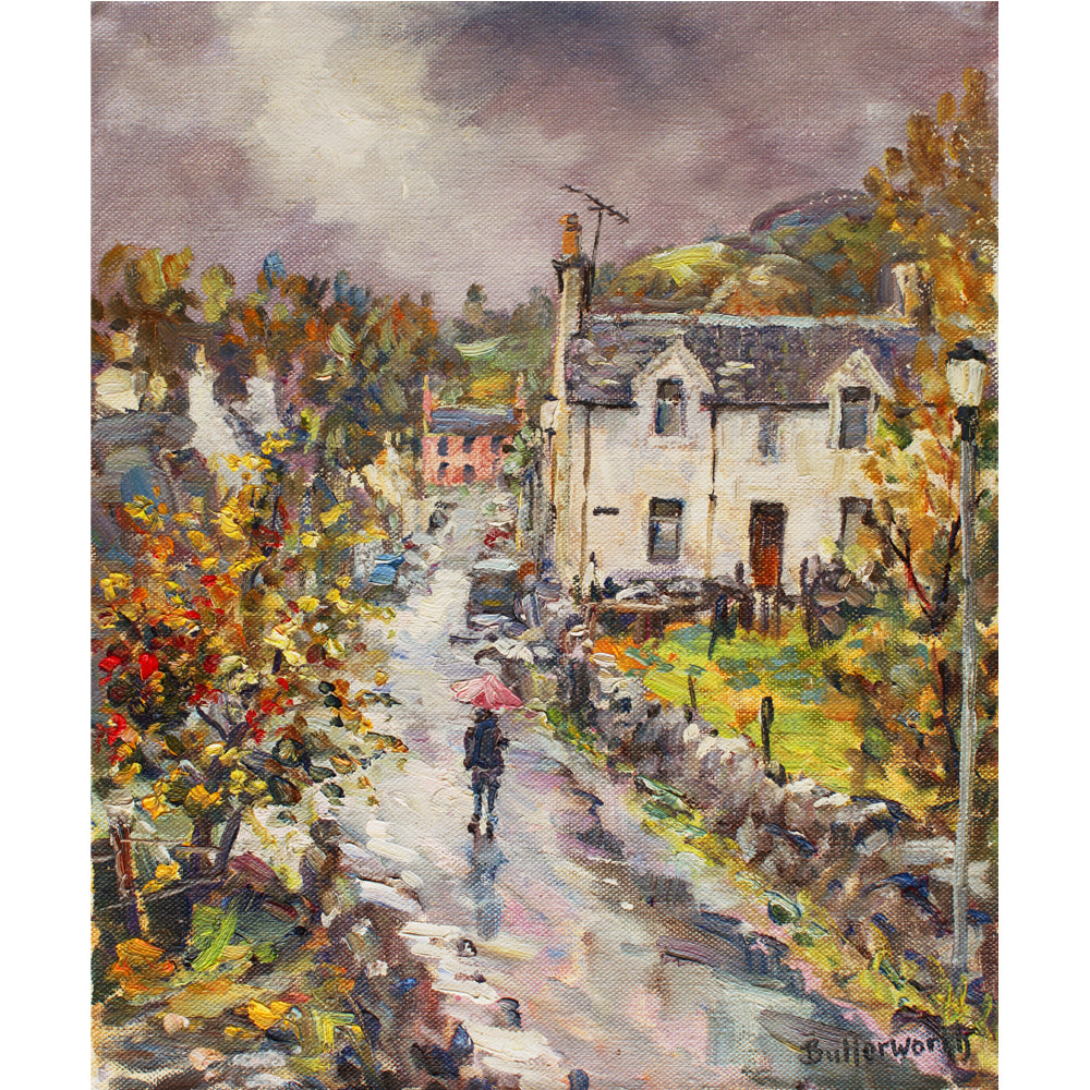 A rainy day in Dervaig on the West Coast of Scotland, fine art painted by Howard Butterworth.