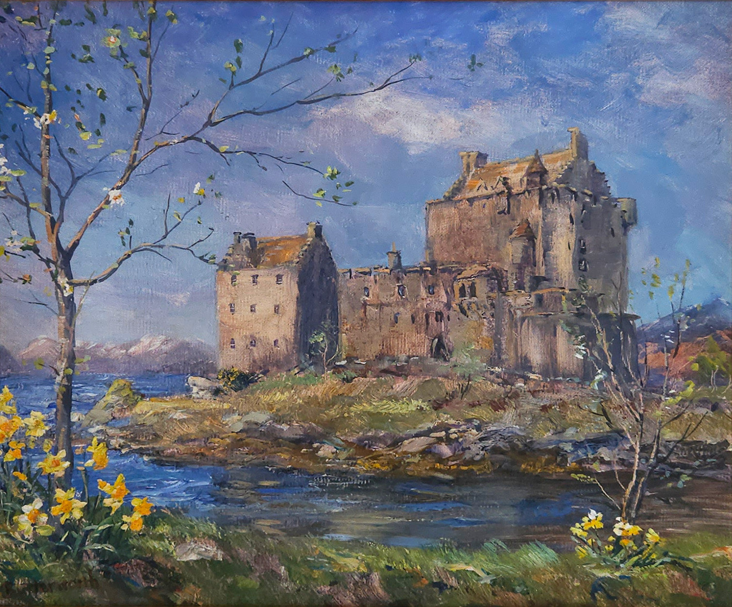 Spring sunshine on Eilean Donan Castle, with daffodils on the banks of Loch Duich in the Scottish Highlands.Oil painting by artist Howard Butterworth