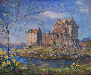 Spring sunshine on Eilean Donan Castle, with daffodils on the banks of Loch Duich in the Scottish Highlands.Oil painting by artist Howard Butterworth
