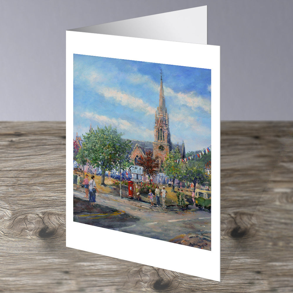 Ballater in Royal Deeside featuring Glenmuick church on the green. This image is a greeting card by Howard Butterworth Available to purchase from The Scottish Fine Art Gallery in Aberdeenshire 