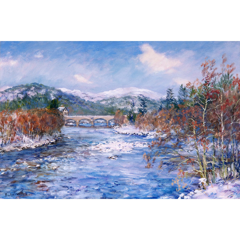 Ballater Bridge in snow with the icy waters of the River Dee below. Royal Deeside at its finest captured by Howard Butterworth. Fine art from the Cairngorm National Park.