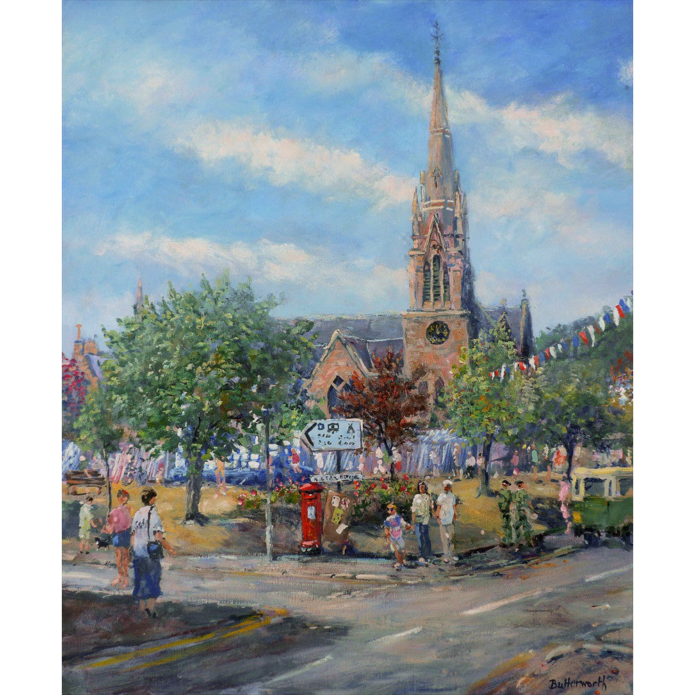 Ballater in Royal Deeside featuring Glenmuick church on the green. This image is a greeting card by Howard Butterworth Available to purchase from The Scottish Fine Art Gallery in Aberdeenshire 