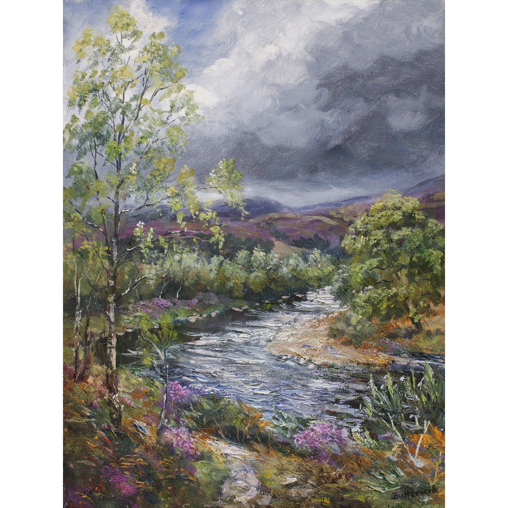 Looking downstream from the famous white suspension bridge at Cambus O May on Royal Deeside near Ballater. A dramatic scene captured by Scottish artist Howard Butterworth who paints mainly within the Cairngorm National Park