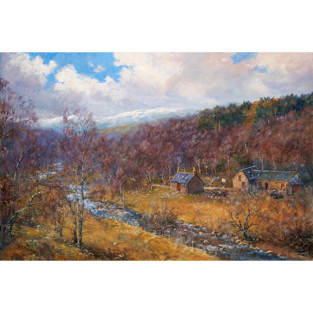 Traditional rural scene in Glengairn, near Ballater Royal Deeside, cairngorms, national park, Aberdeenshire Scotland. Glengairn is known for its Gairnshiel Bridge that takes you along the tour routes snow roads & NE250 to Aviemore. Scottish Fine Art by artist Howard Butterworth Year of Coast and Waters Visit Scotland