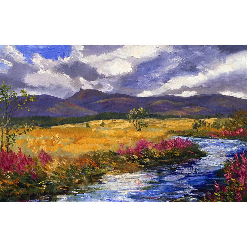 Late Summer on Feughside with Clachnaben in the background. A stunning and colourful Scottish scene by Howard Butterworth a well known artist from Aberdeenshire.