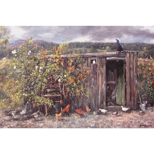 Chickens, ducks and peacocks find a home in an old coal shed in Howard Butterworth's garden, Glenmuick on Royal Deeside near Ballater