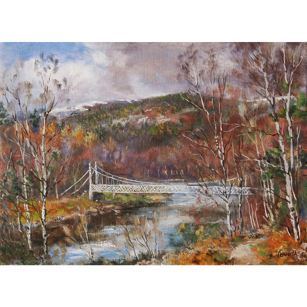 The Cambus O' May suspension bridge over the river Dee near Ballater on Royal Deeside. A fine art print by Howard Butterworth a renowned Scottish artist.