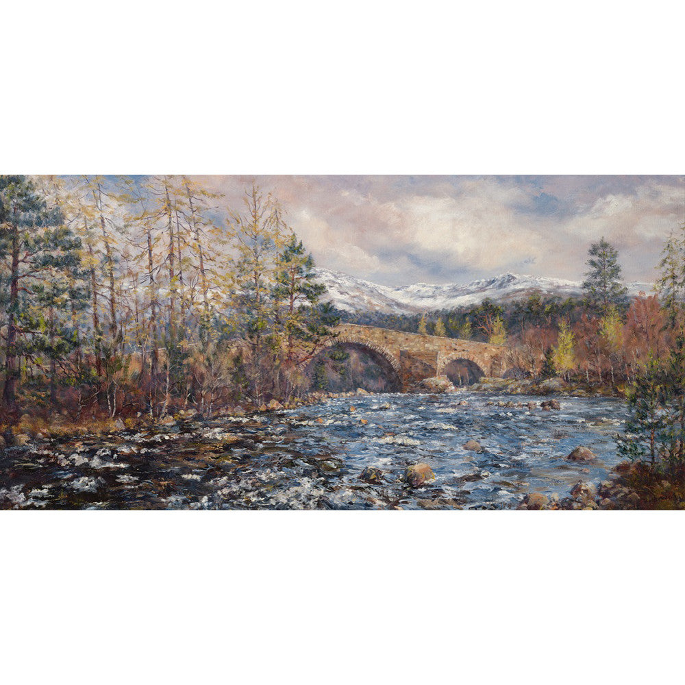 The Auld Brig O Dee at Invercauld. Famous Wade Bridge in the Cairngorm National Park near Braemar featuring Lochnagar in the background. Scottish Fine Art painted by Howard Butterworth based on Royal Deeside.