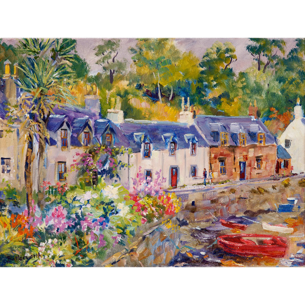Summer blooms in Plockton, a famous highland harbour on the West Coast of Scotland a fine art painting by Howard Butterworth.