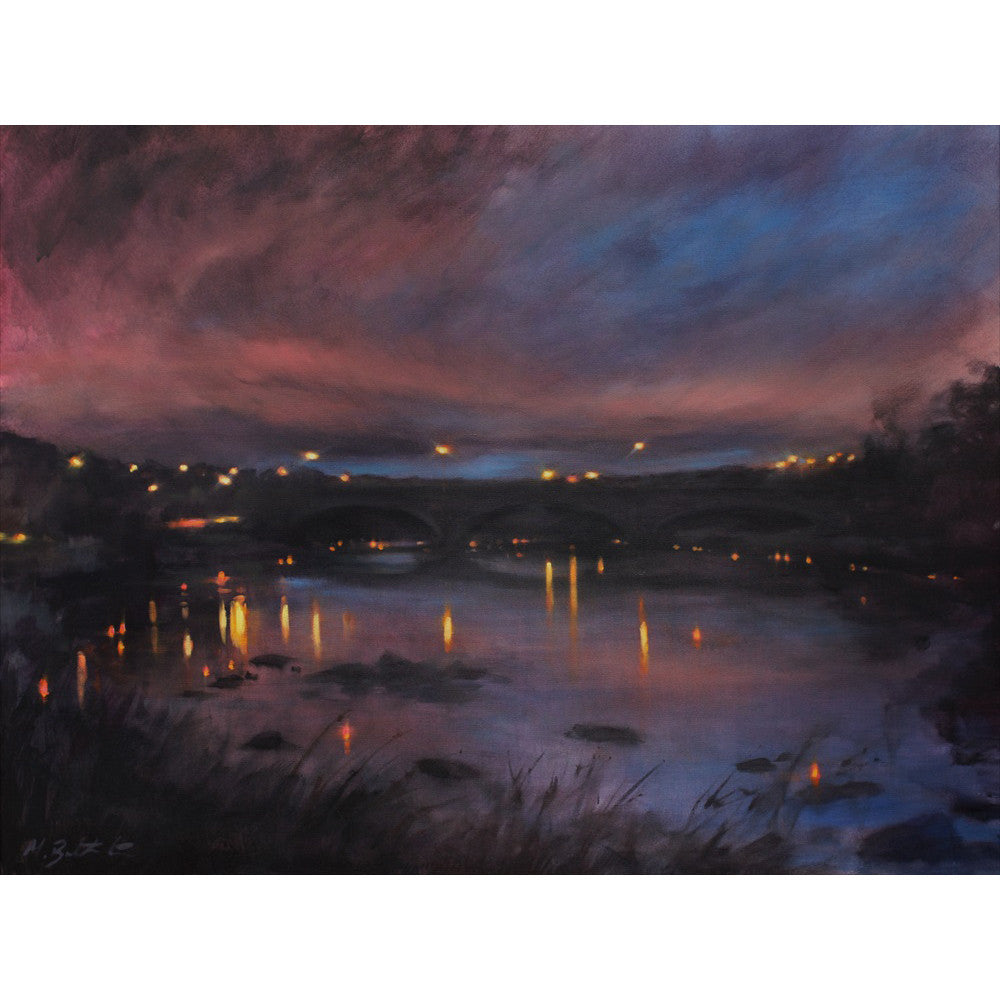 Peace lanterns illuminate the River Dee over Aberdeen's Brig O'Dee at Garthdee on Hiroshima/Nagasaki Memorial day.. This artwork by Mary Louise Butterworth is available as a limited edition print