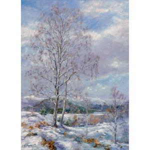 Snow covered silver birches and mountains painted by Howard Butterworth from his Garden in Glenmuick on Royal Deeside. Ballater can be seen in the distance.
