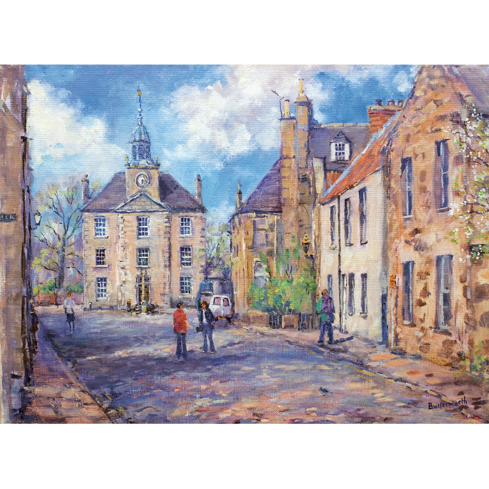 The Town house in Old Aberdeen. The Street called College Bounds is a popular walk within this historic university town. This lively scene is by Howard Butterworth a well known Aberdeenshire artist.