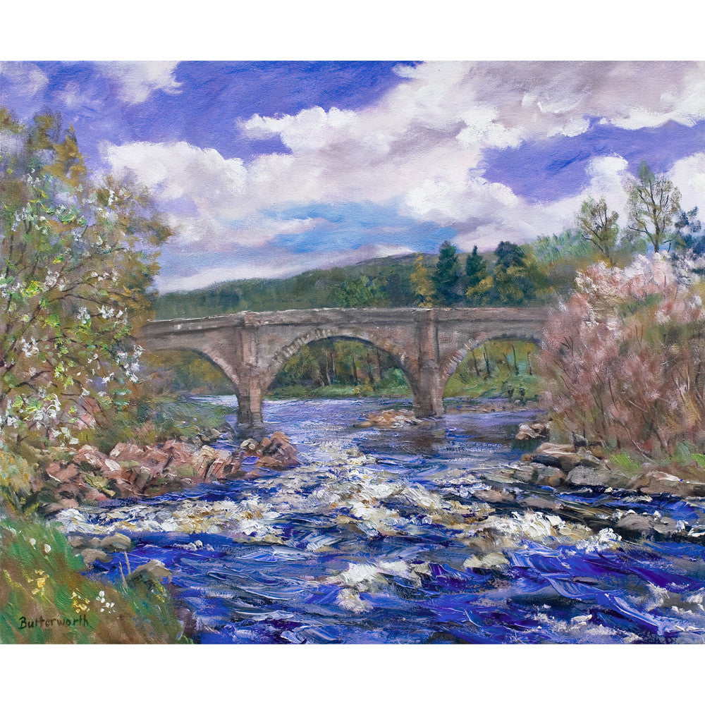 Potties in Spring a Scottish fine art print by Howard Butterworth from Royal Deeside. This well known Bridge over the River Dee is famous for the Dinnie Stones, picnics, fishing and water activities.