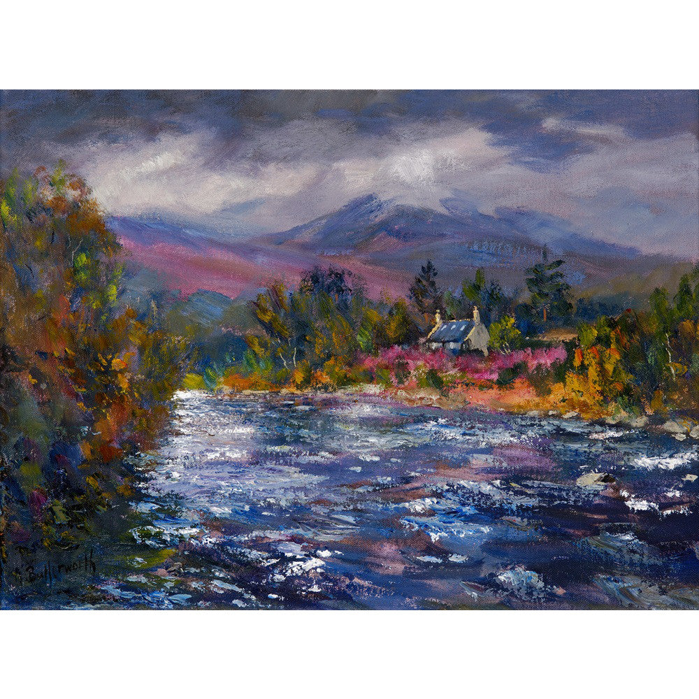 A moody and idylic scene from Royal Deeside. The River Dee, heather and cloud capped Morven provide a dramatic and colourful image by Scottish artist Howard Butterworth.