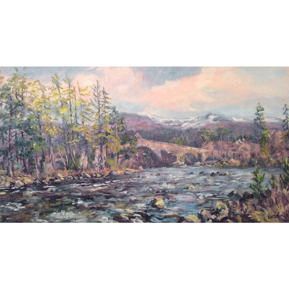 Famous Wade bridge near Braemar in the Cairngorm National Park featuring snowcapped Lochnagar and the River Dee. Scottish fine art by Howard Butterworth from Royal Deeside