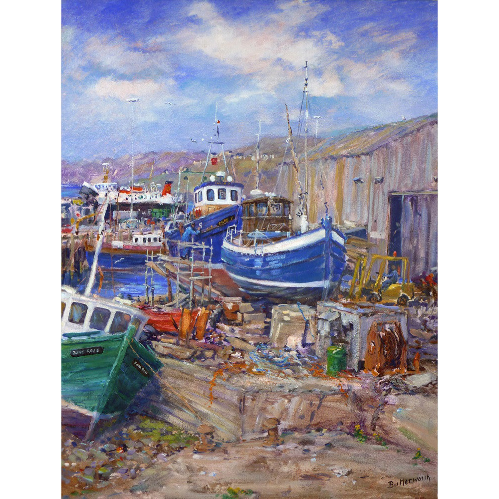 Old Boatyard at Mallaig on the West Coast of Scotland with traditional fishing boats and the CalMac ferry a fine art print painted by Howard Butterworth.