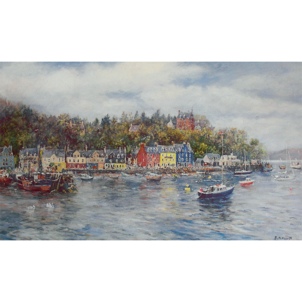Beautiful Harbour scene of boats and brightly painted houses on the front at Tobermory. A lithograph of the West Coast of Scotland painted bt Howard Butterworth.