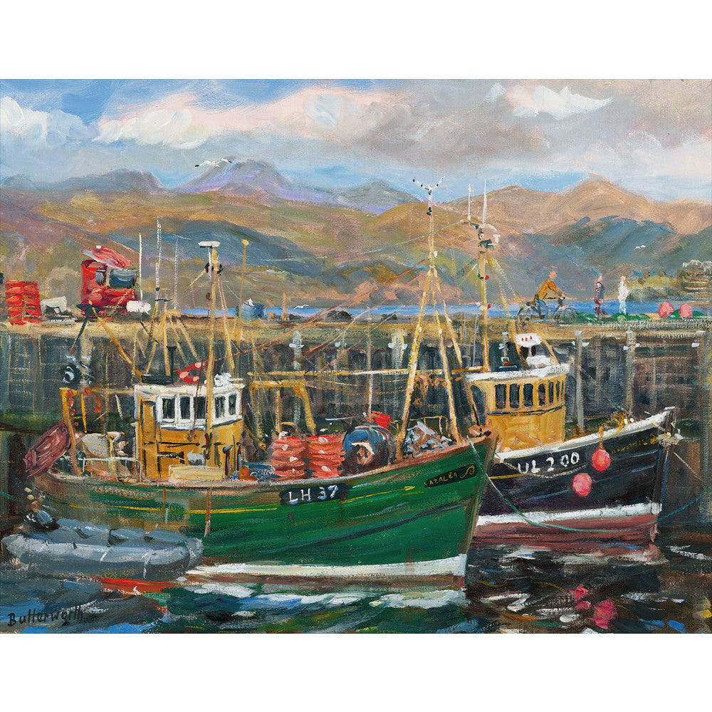 Summer harbour scene depicting the traditional fishing boats at Ullapool harbour on the West Coast of Scotland.