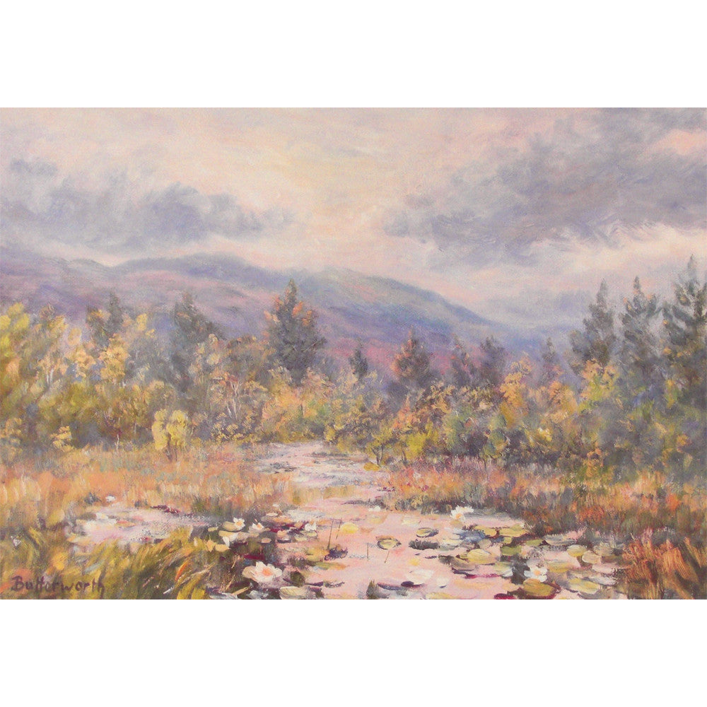 Sunset in the Cairngorm National Park by Scottish artist Howard Butterworth. This beautiful print features water lilies on the Loch of Kinord with Morven in the background. An idylic scene from the Muir of Dinnet.
