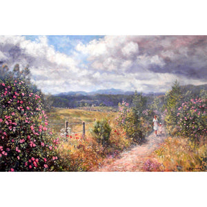 Romantic scene of woman and child walking the famous old railway line, The Deeside Way, from Ballater; with Lochnagar in the distance and native wild roses along the path. Ballater is in the Cairngorms National Park and home of the Old Station and Queen Victorias Royal Carriage.