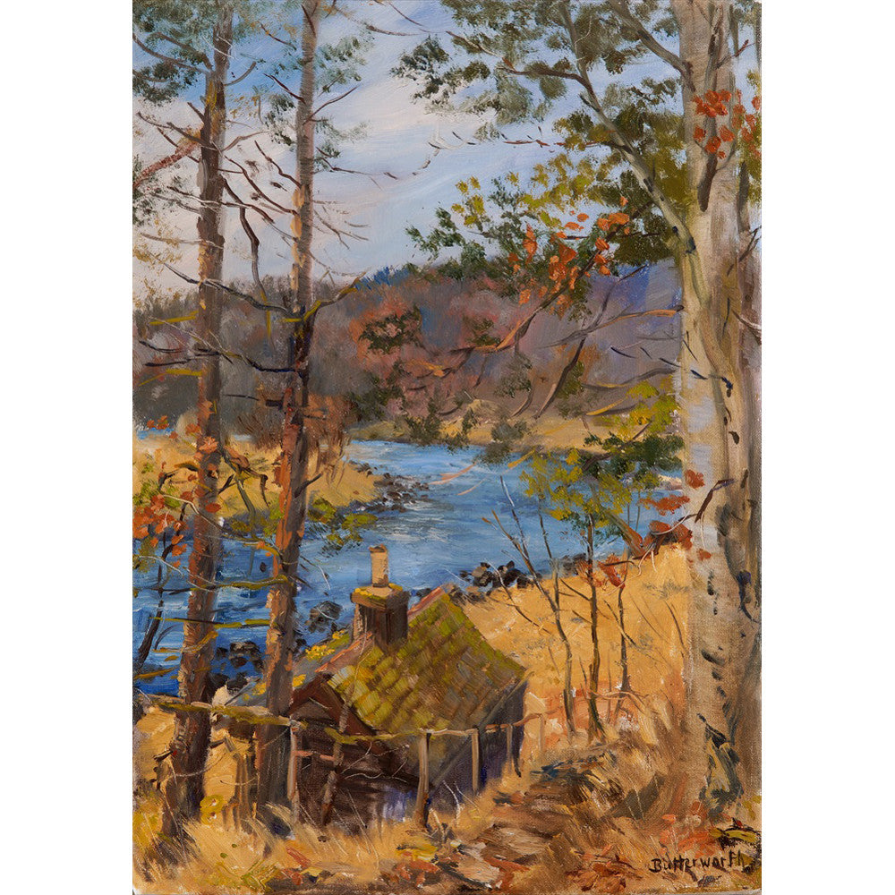 A fishing hut by he River Dee on Royal Deeside is captured on a warm winters day by Scottish artist Howard Butterworth.