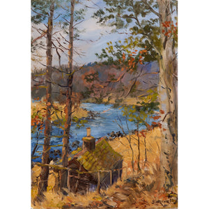 A fishing hut by he River Dee on Royal Deeside is captured on a warm winters day by Scottish artist Howard Butterworth.