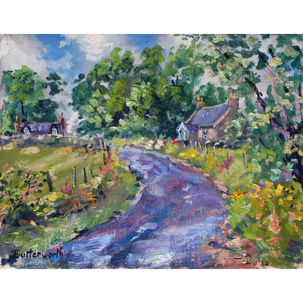 A bright sunny day in Marywell, Ballogie. The height of summer near the old Butterworth Gallery. A cute country scene of Ballogie painted en plein air by Howard Butterworth a well known Aberdeenshire artist.