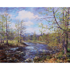 Springtime at Invercauld. Larches alongside the River Dee with the snow capped Cairngorms in the background. An idylic scene captured by artist Howard Butterworth from Royal Deeside.