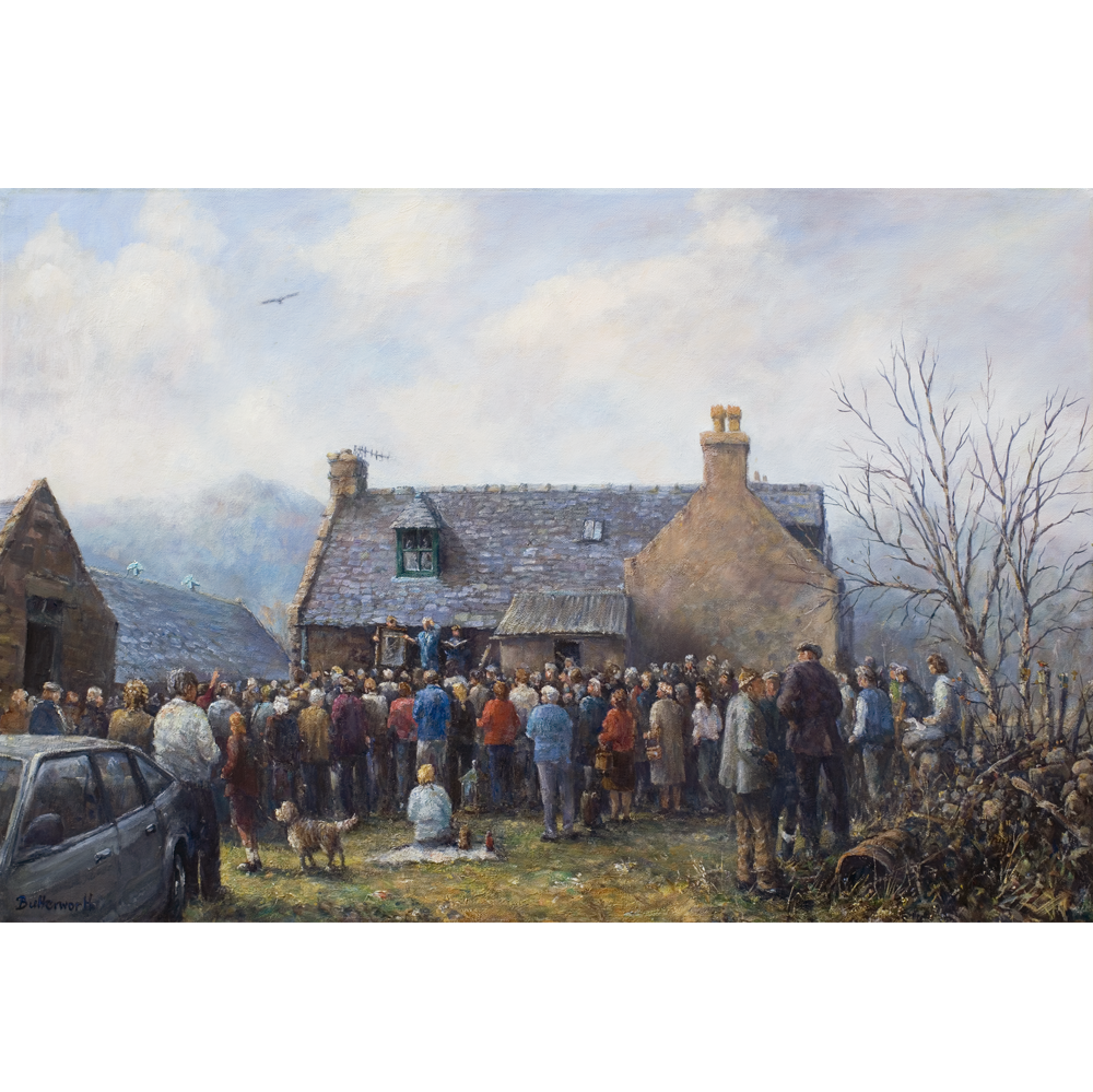 The roup at Aultonrea, the last traditional displenish sale in Glenmuick, Royal Deeside, painted by Howard Butterworth. This extremely popular and sought after image was remastered on canvas using the modern printing method for his 70th birthday. Signed canvas giclee print limited to 70 copies